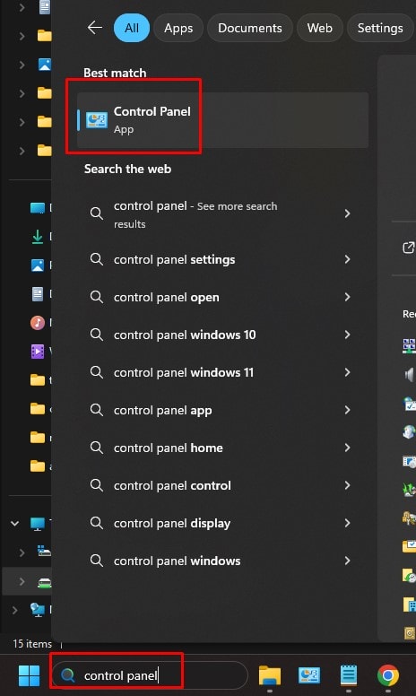Search for Control Panel