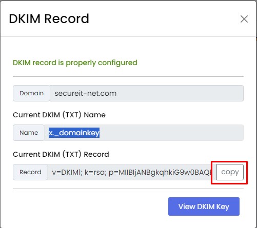 Copy DKIM key and subdomain record hostname